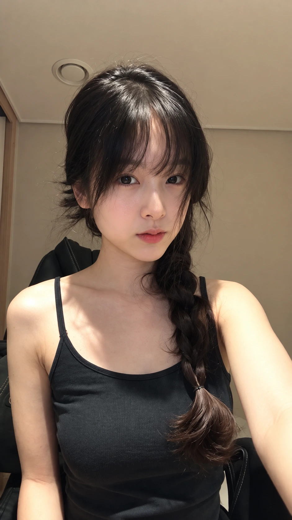 검은 민소매 상의와 땋은 머리의 AI 인물 상반신 고화질 이미지